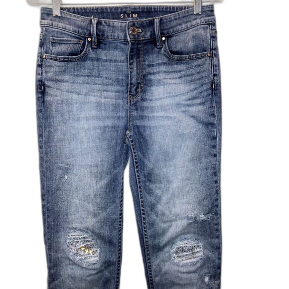 WHITE HOUSE BLACK MARKET THE SLIM 4 Rhinestone Knee Blue Denim Stretch Jeans Mid - Picture 1 of 11